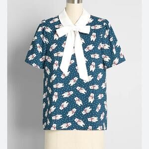 Modcloth Positive First Impressions Tie Neck Blouse 2X Blue Polar Bear Retro